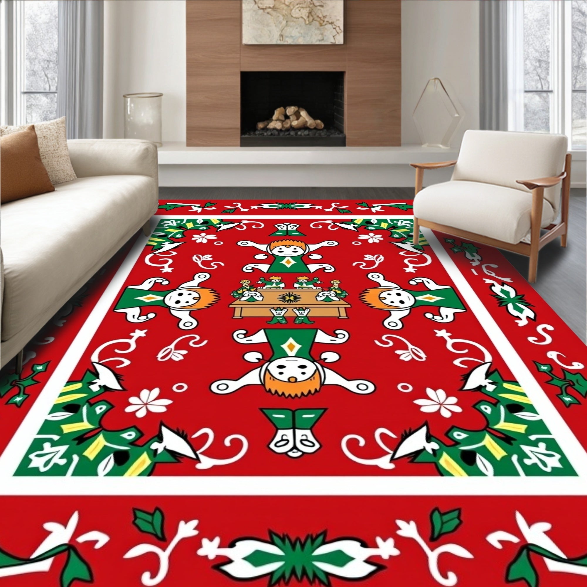Festive Red Folk Art Figures Rug