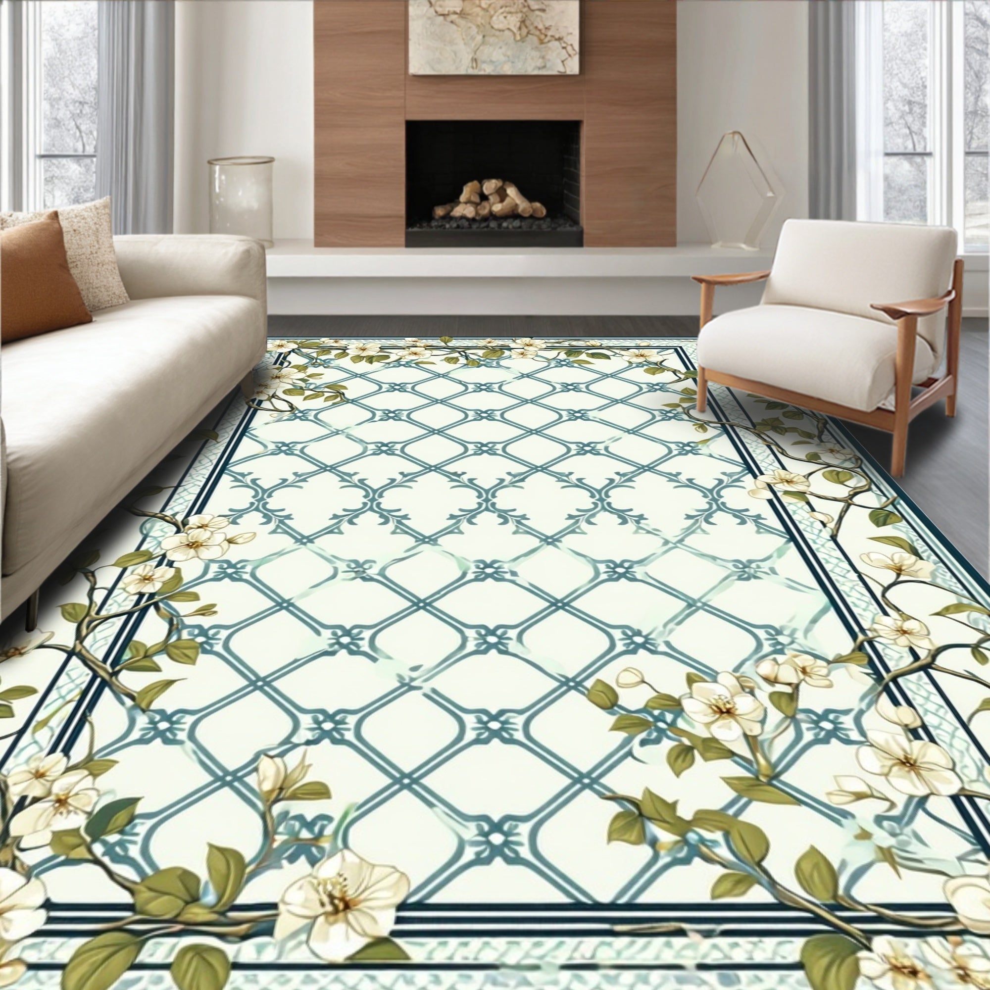 Floral Lattice Design With Branches Rug