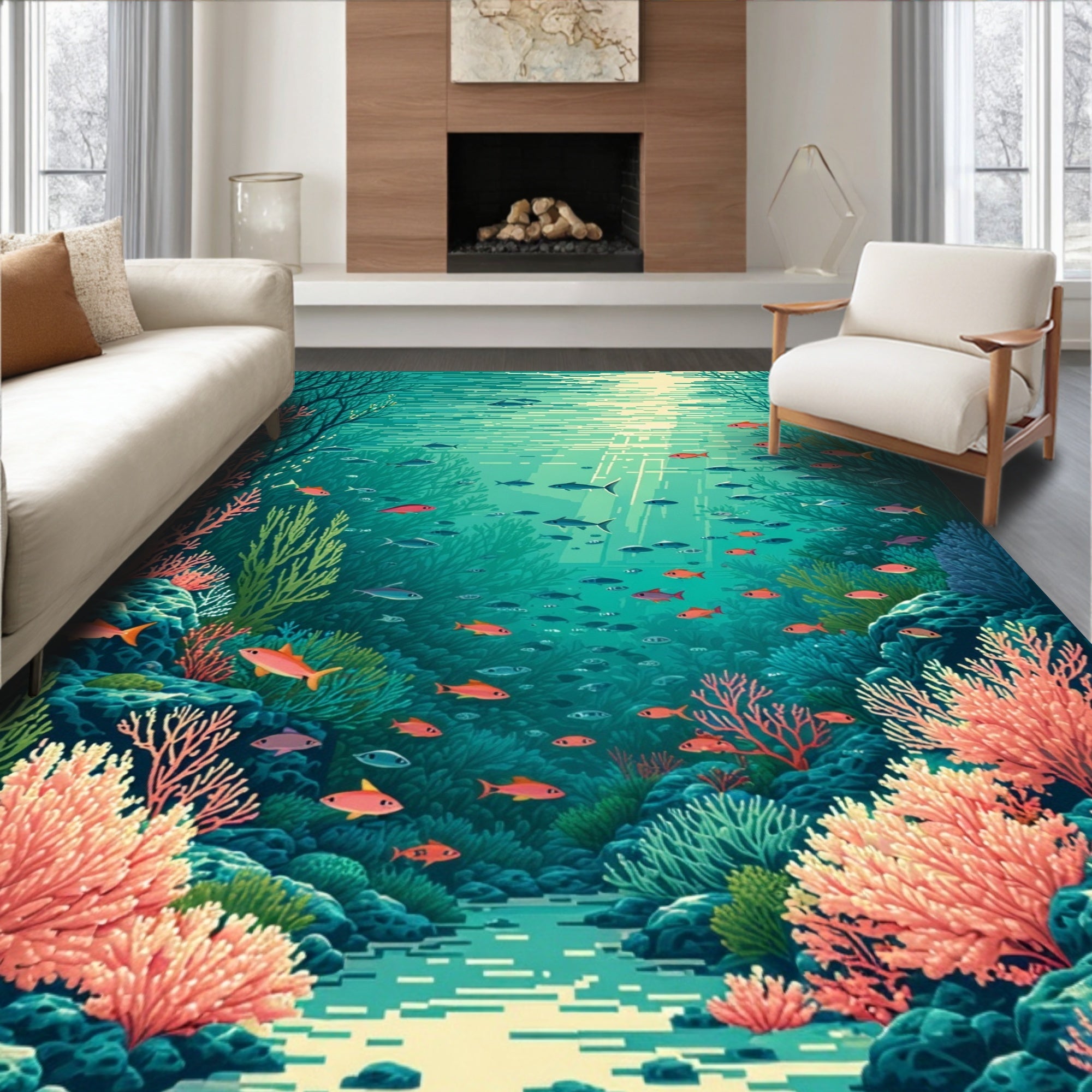 Underwater Coral Reef Fish Scene Rug