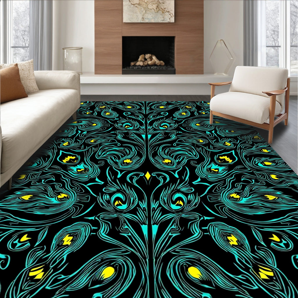 Teal Feathered Floral Pattern Rug