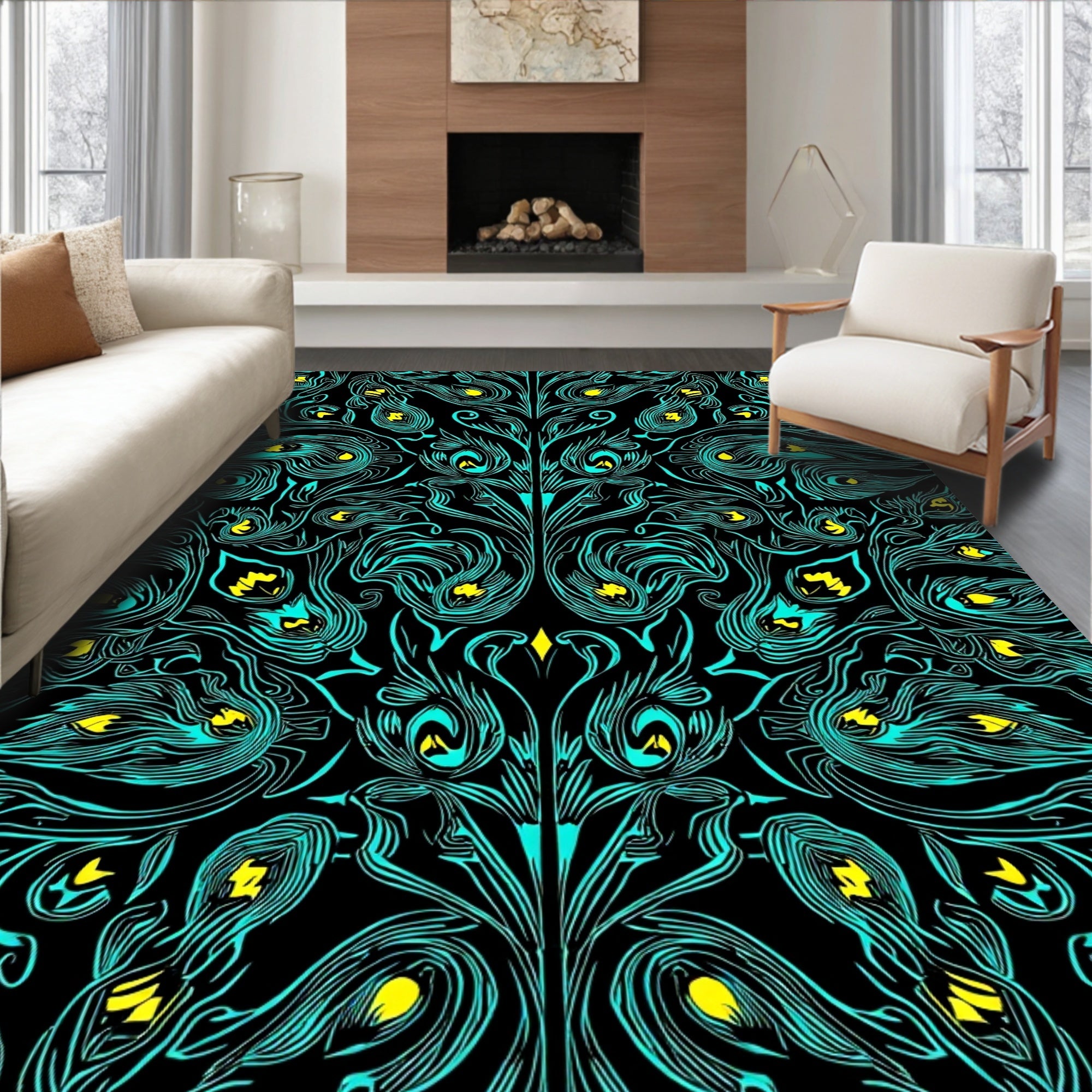 Teal Feathered Floral Pattern Rug