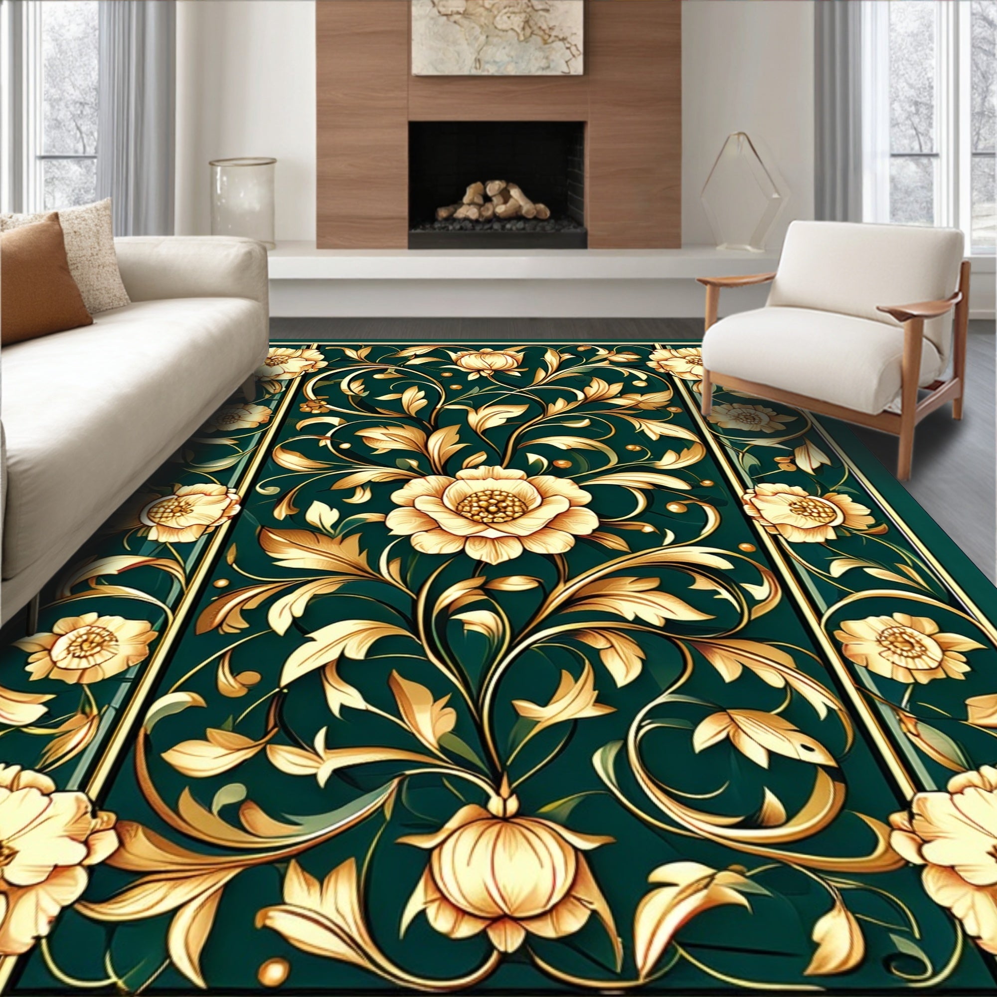 Gold Floral Swirls Green Art Nouveau Rug