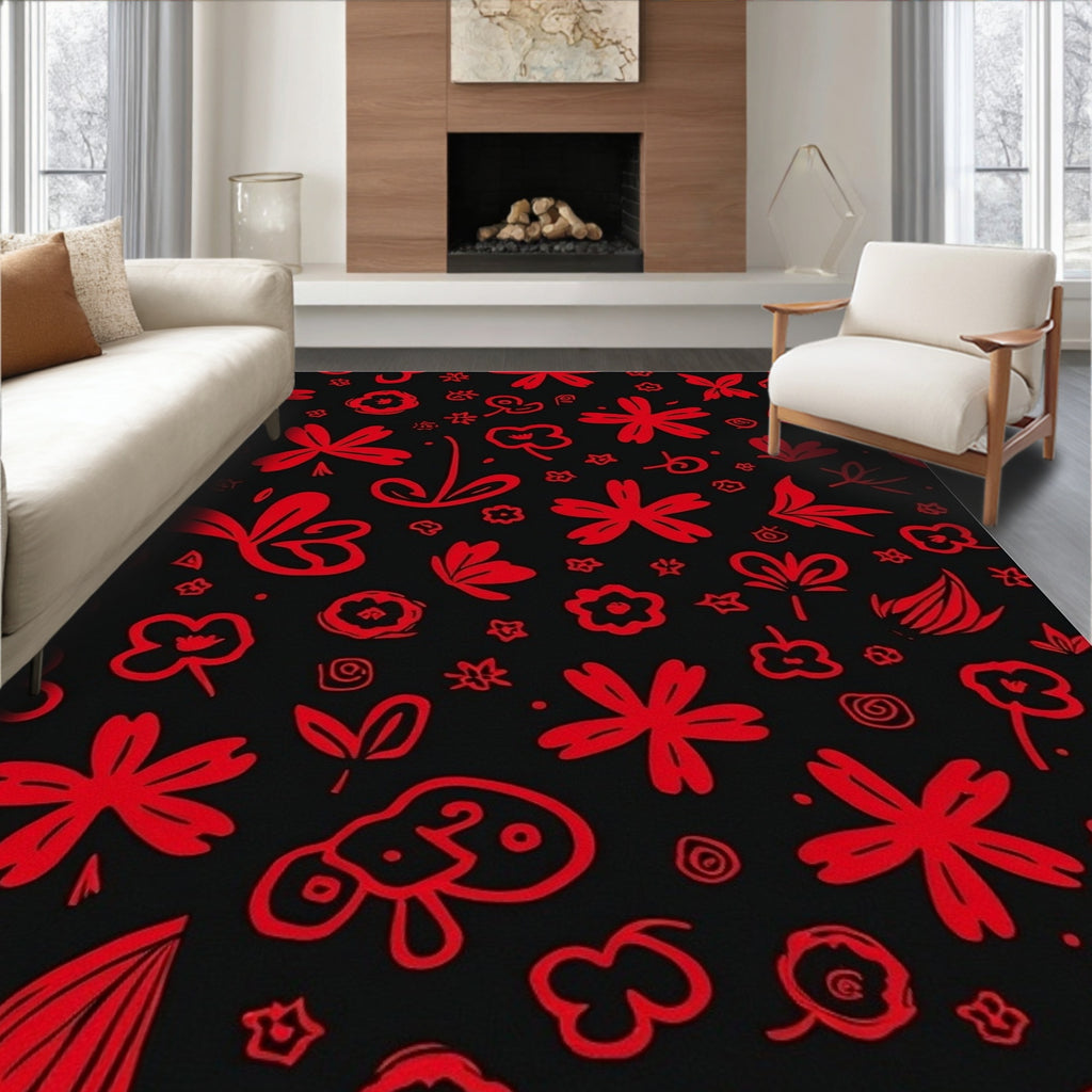 Red Flower Doodle Pattern Rug