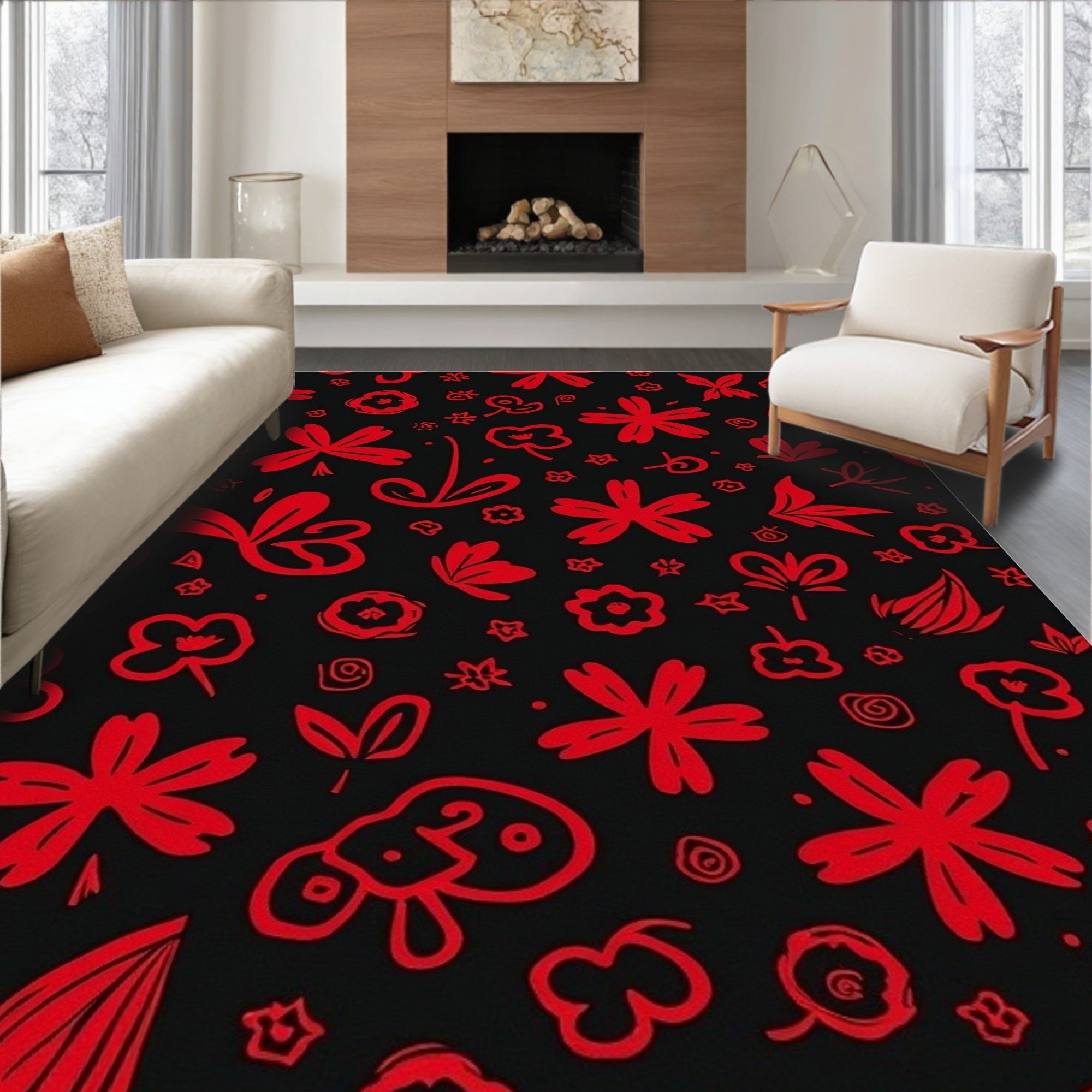 Red Flower Doodle Pattern Rug