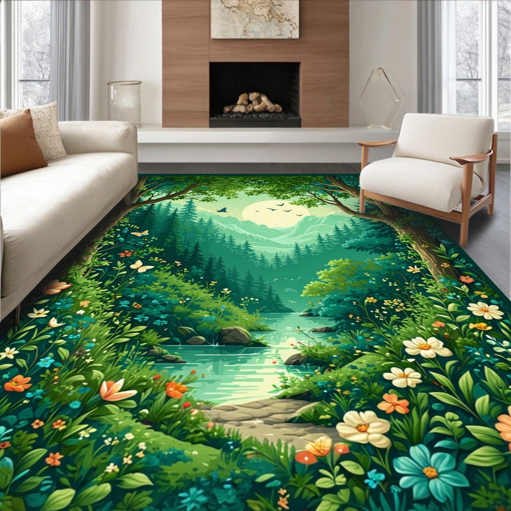 Whimsical Forest Meadow Scene Rug