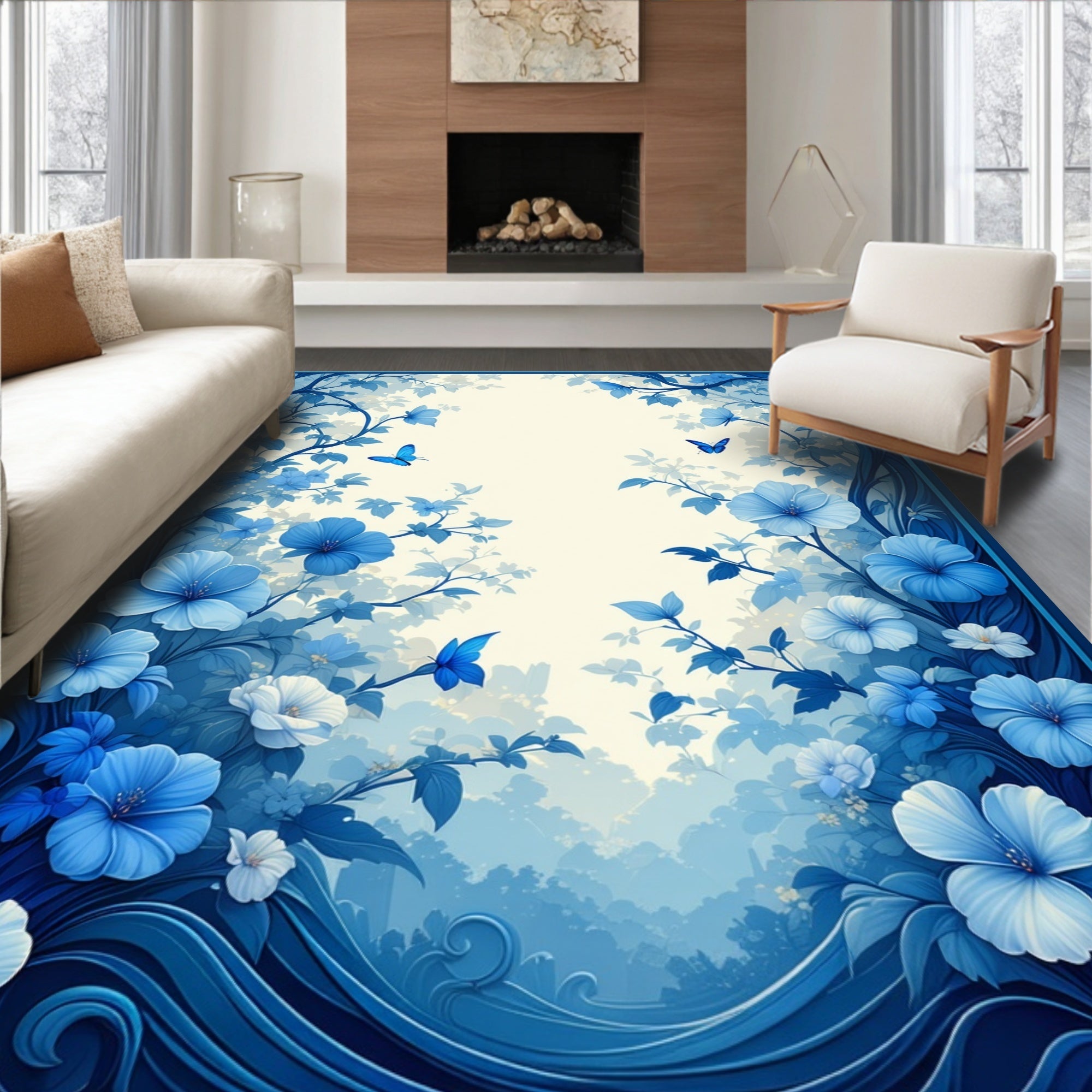 Enchanted Blue Floral Butterfly Tapestry Rug