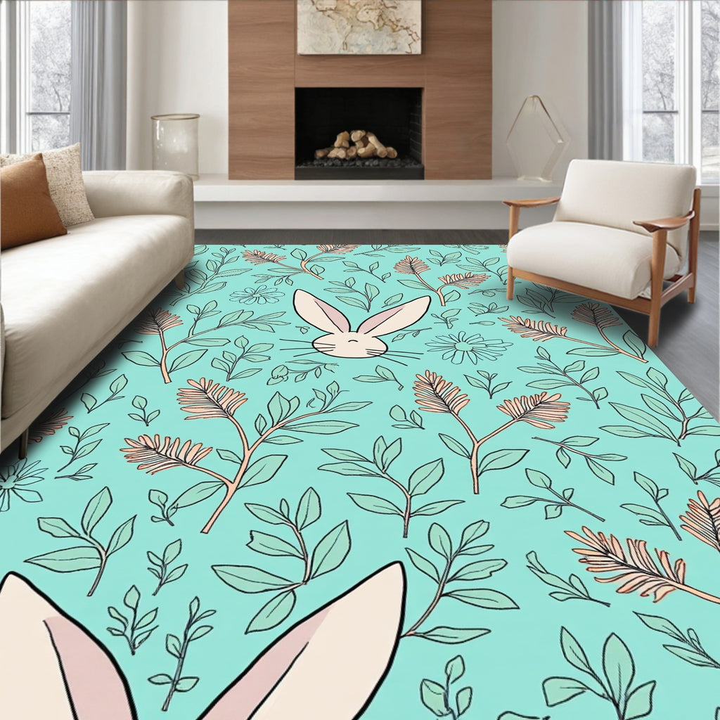 Cute Bunny Floral Whimsical Lawn Pattern Rug