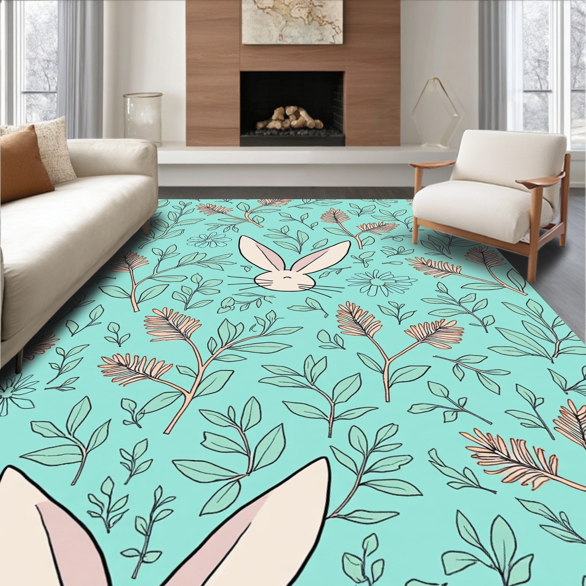 Cute Bunny Floral Whimsical Lawn Pattern Rug