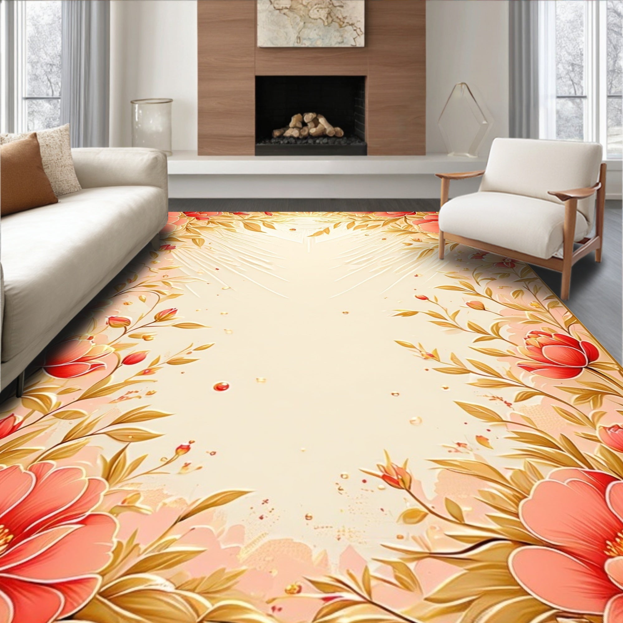 Elegant Coral And Gold Floral Design Rug