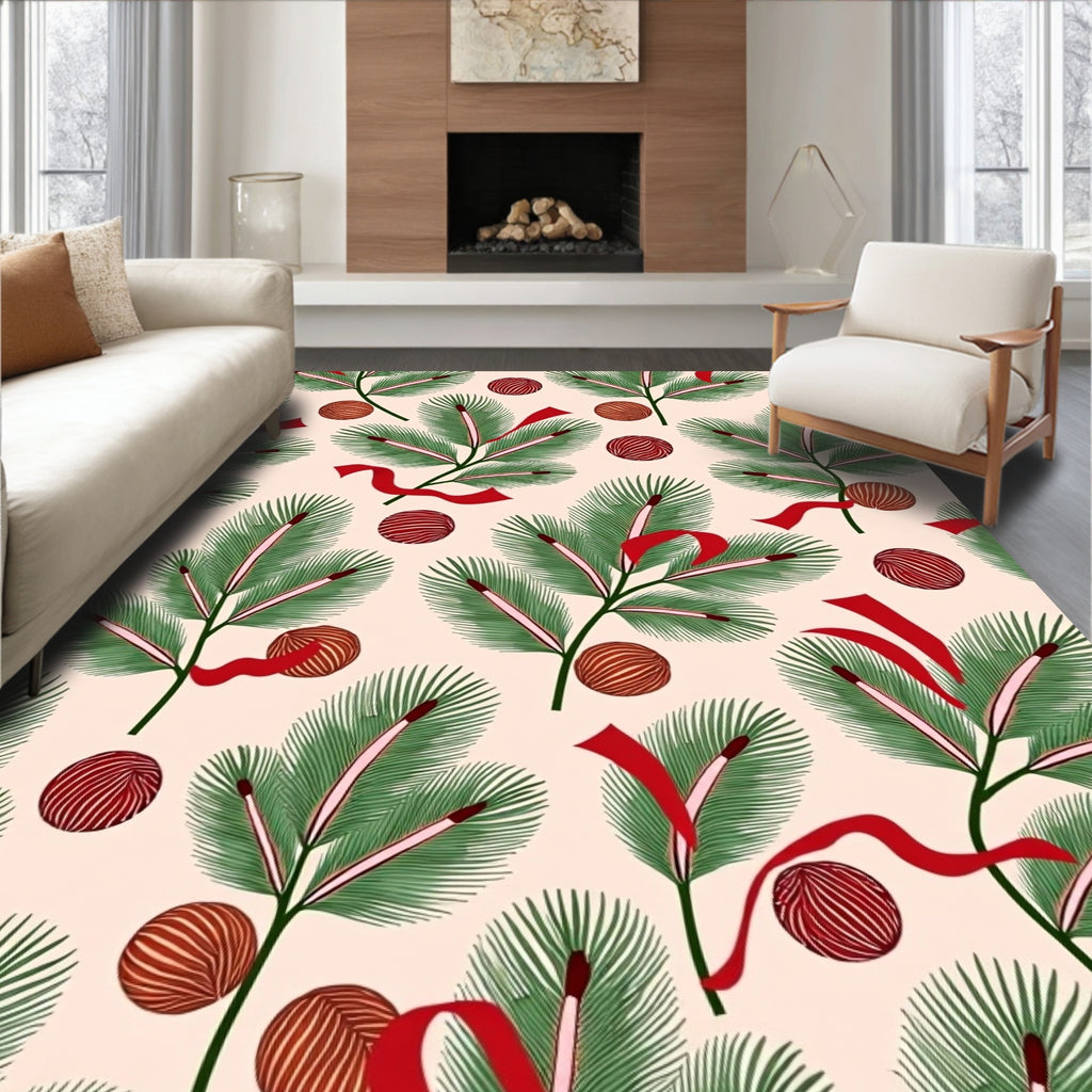 Green Pine Sprigs With Red Festive Orbs Rug