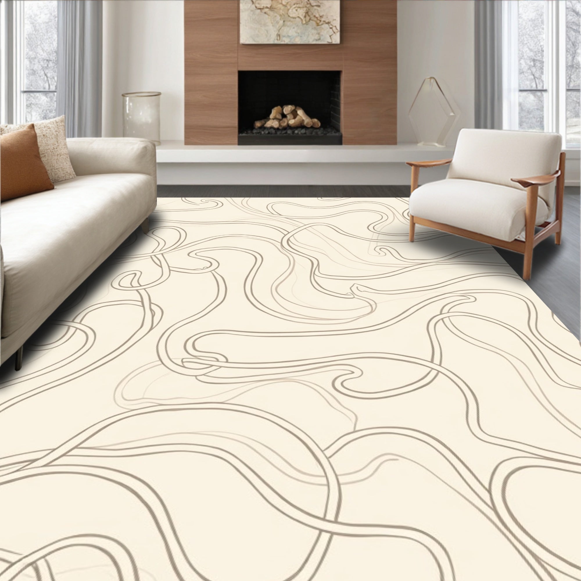 Subtle Cream Wavy Line Abstract Rug