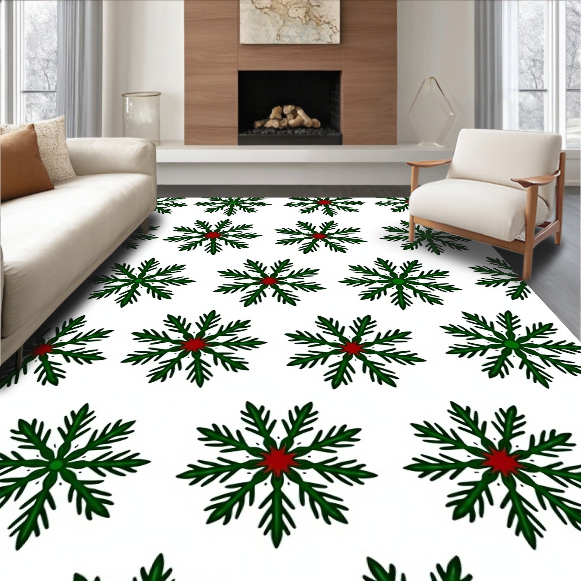 Green and Red Snowflake Repeating Pattern Rug