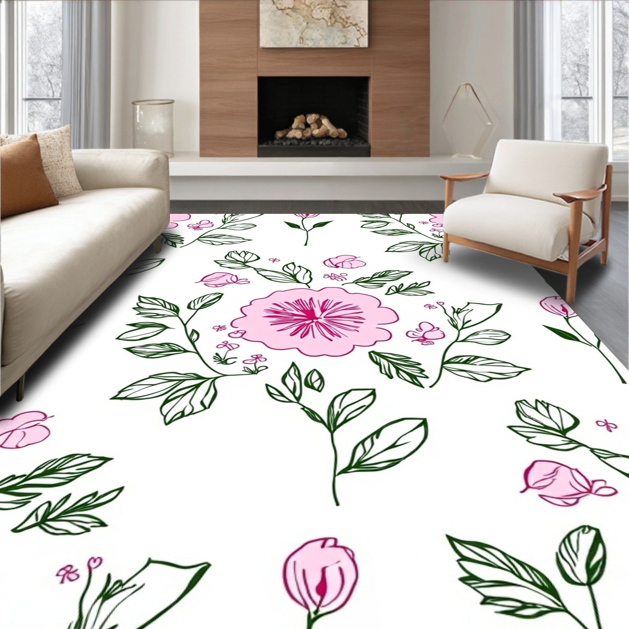 Pink Floral Sketch With Butterflies Rug