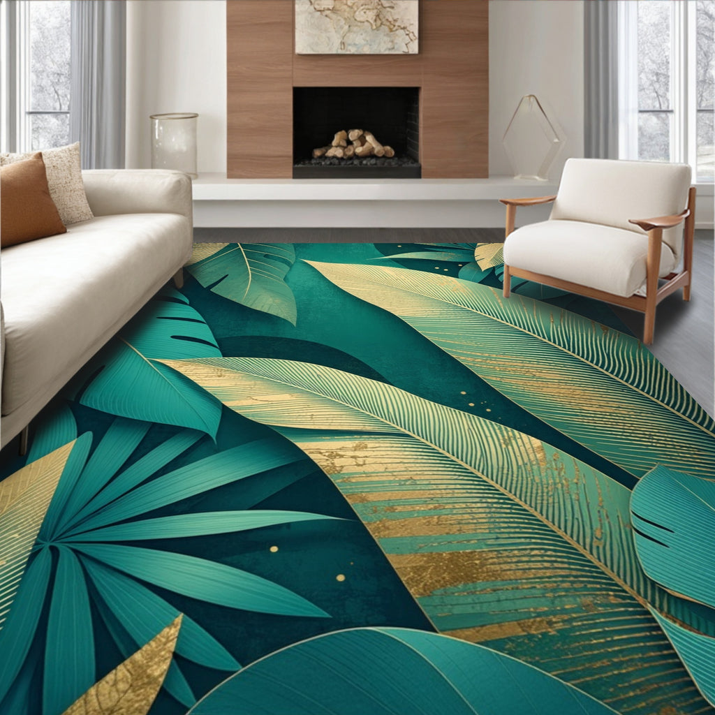 Emerald Green Tropical Leaf Pattern Rug