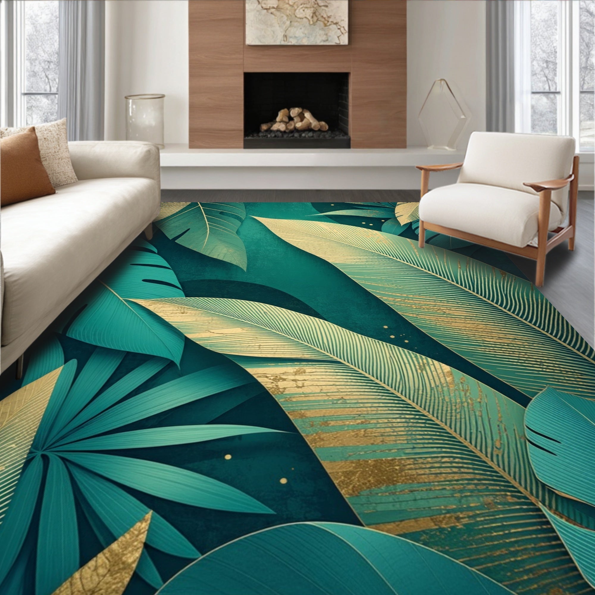 Emerald Green Tropical Leaf Pattern Rug