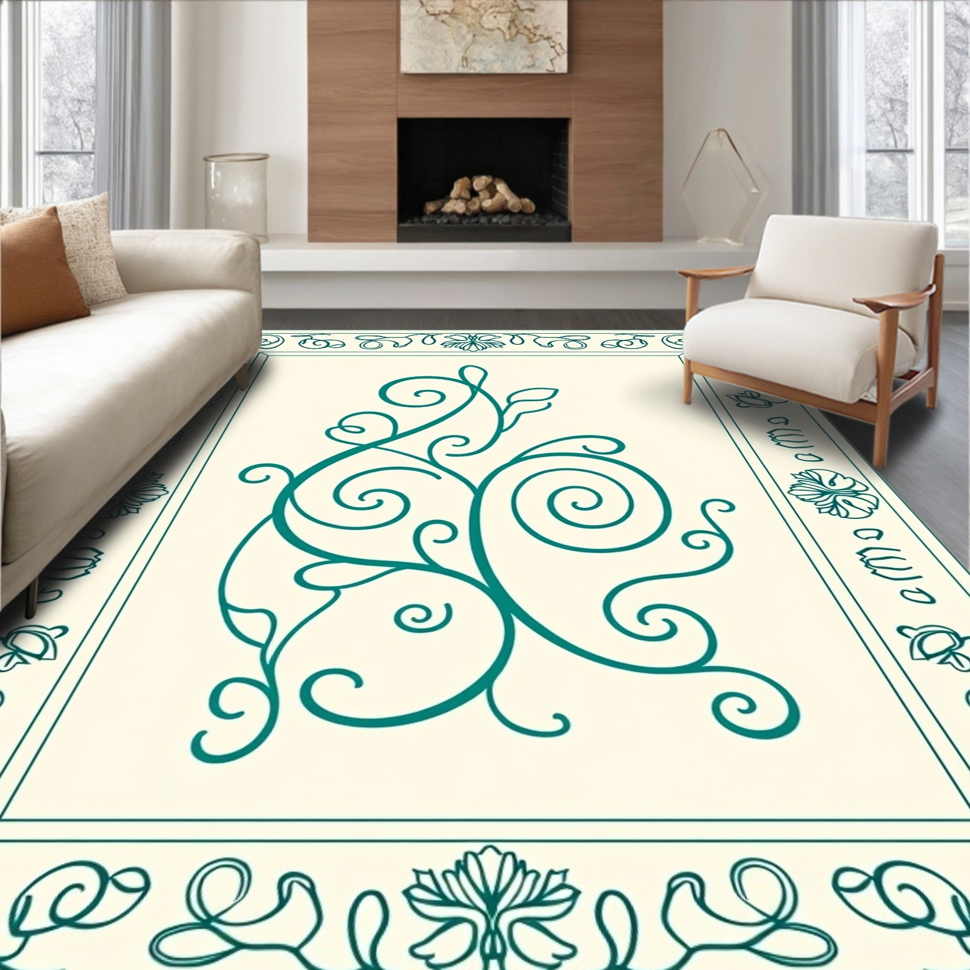 Teal Nouveau Floral Scroll Rug