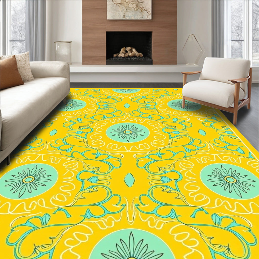 Sunny Yellow Teal Floral Pattern Rug