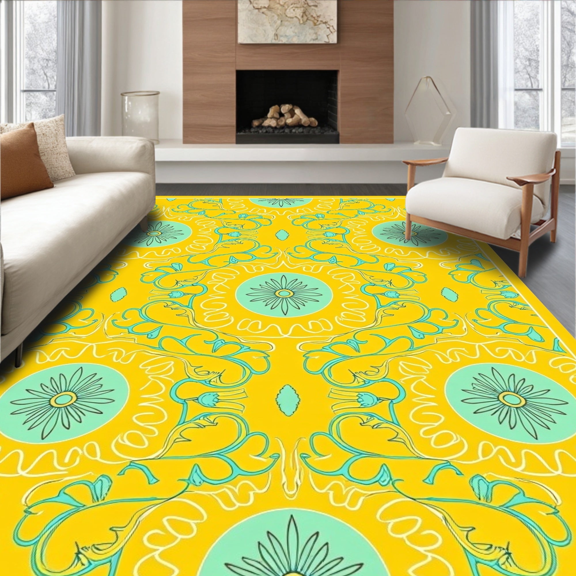 Sunny Yellow Teal Floral Pattern Rug