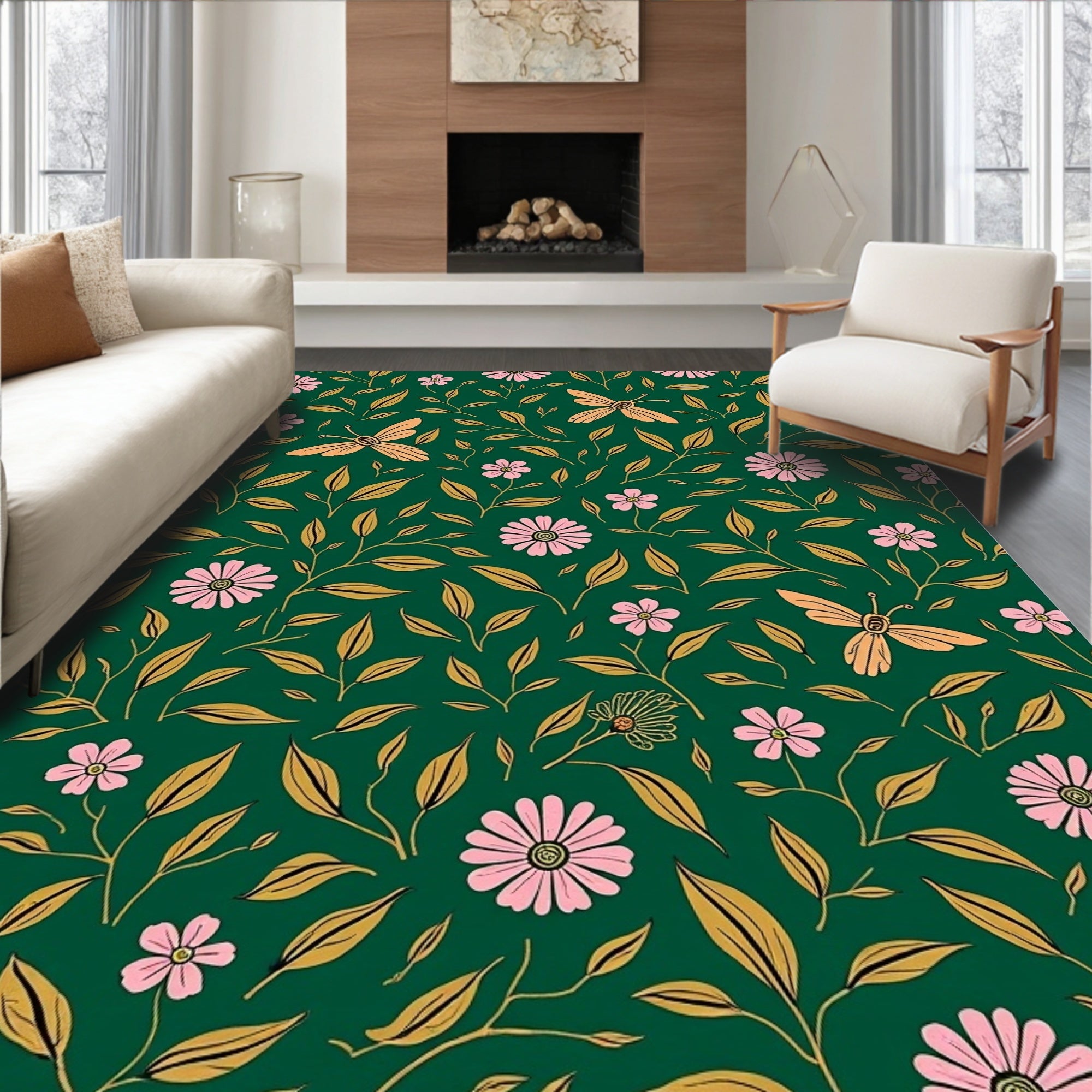Whimsical Insects Floral Patterned Rug