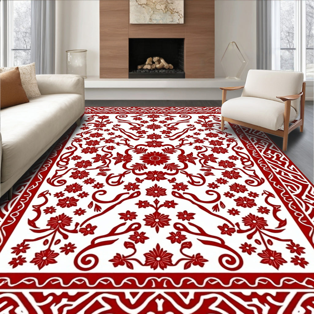 Classic Red Floral Botanical Design Rug
