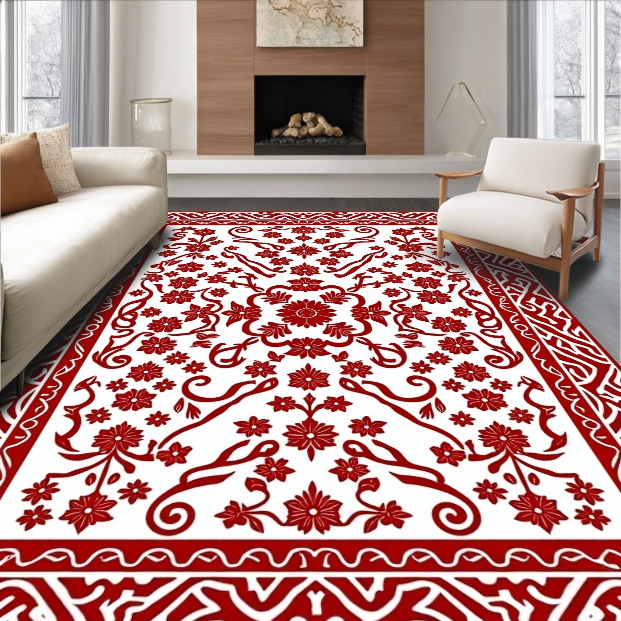 Classic Red Floral Botanical Design Rug