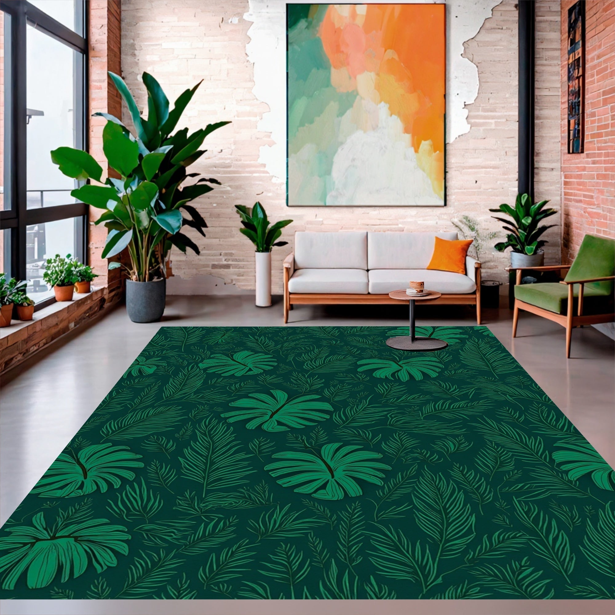 Deep Green Tropical Leaf Pattern Rug