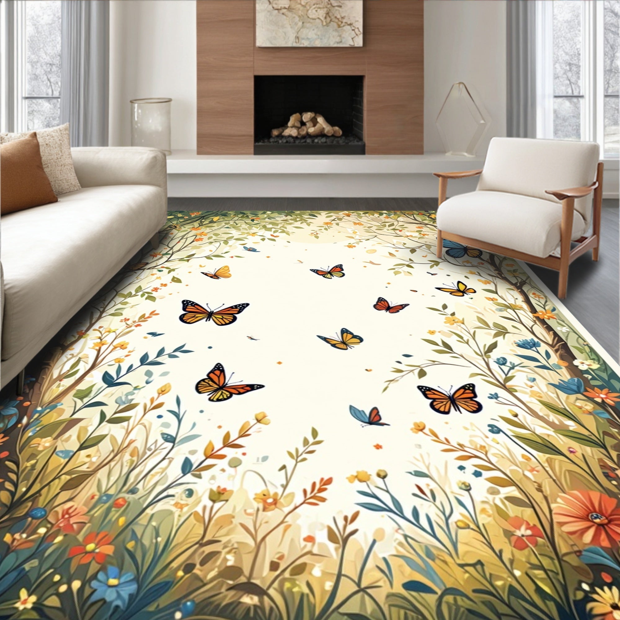 Whimsical Butterflies and Floral Garden Design Rug