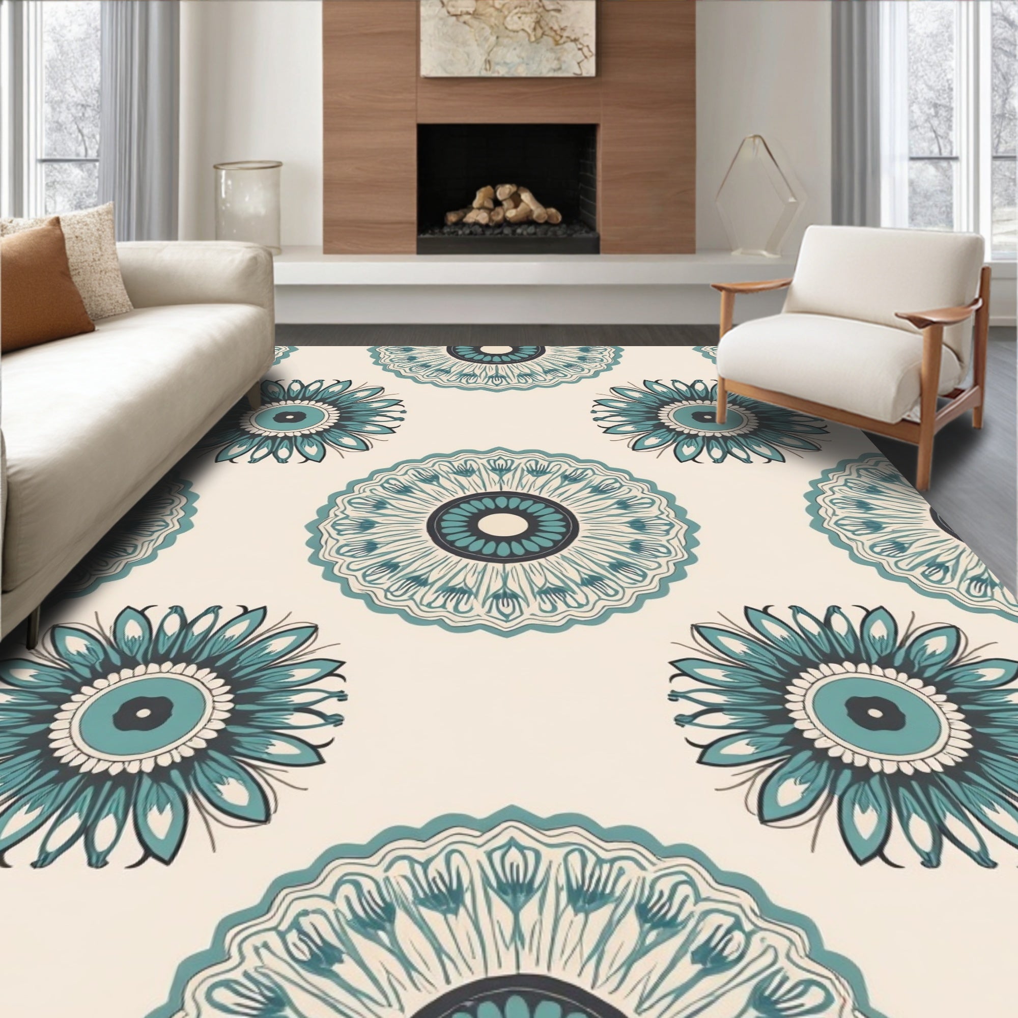 Teal Floral Medallion Pattern Rug