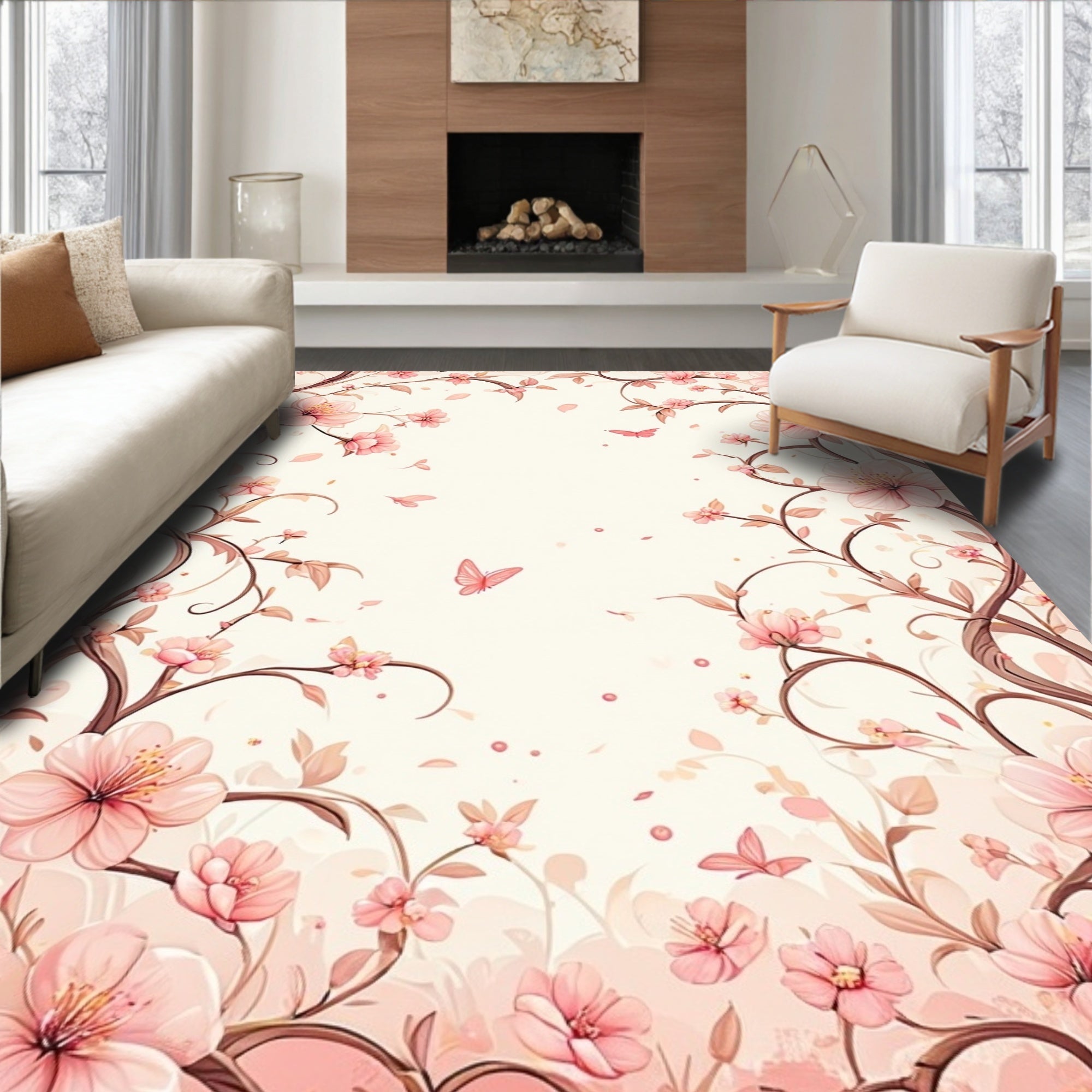 Soft Pink Floral Butterflies Design Rug
