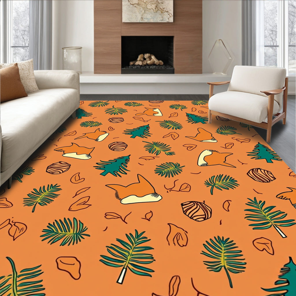 Whimsical Forest Animals Leaf Pattern Rug