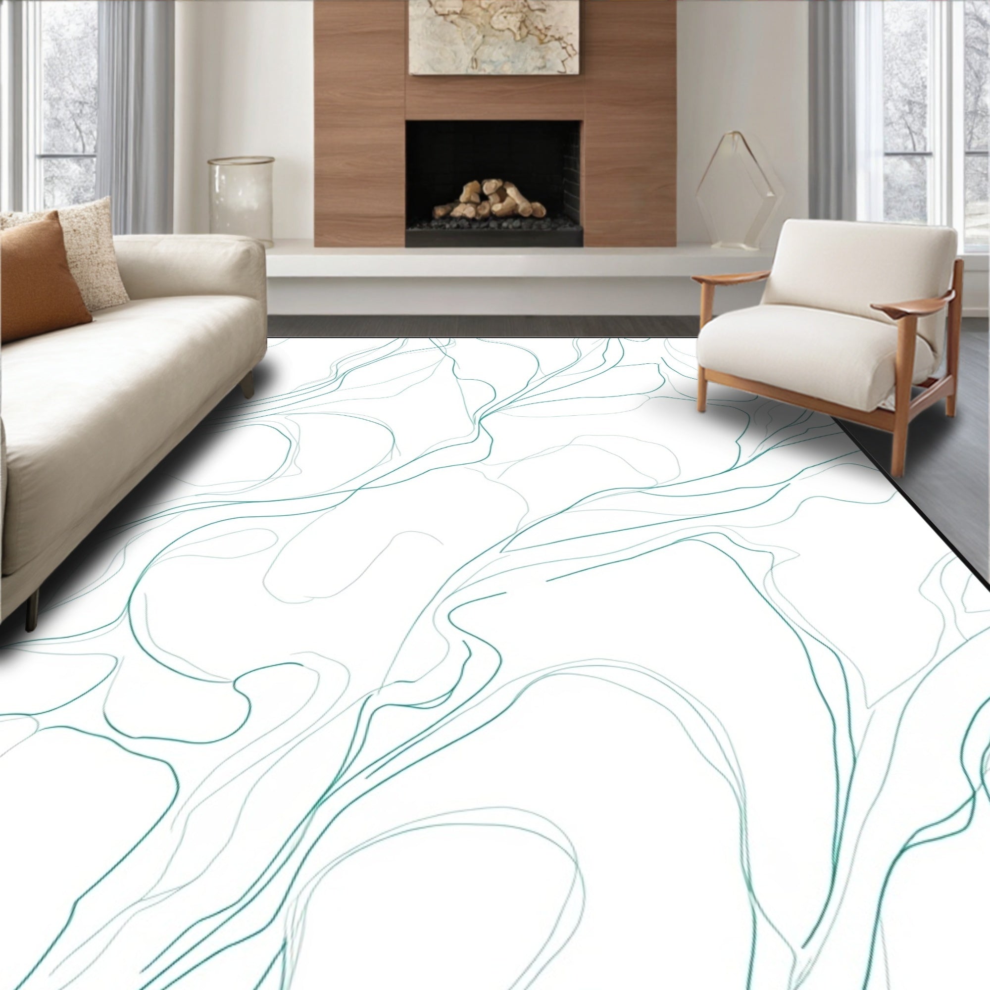 Abstract Swirling Teal Lines Rug