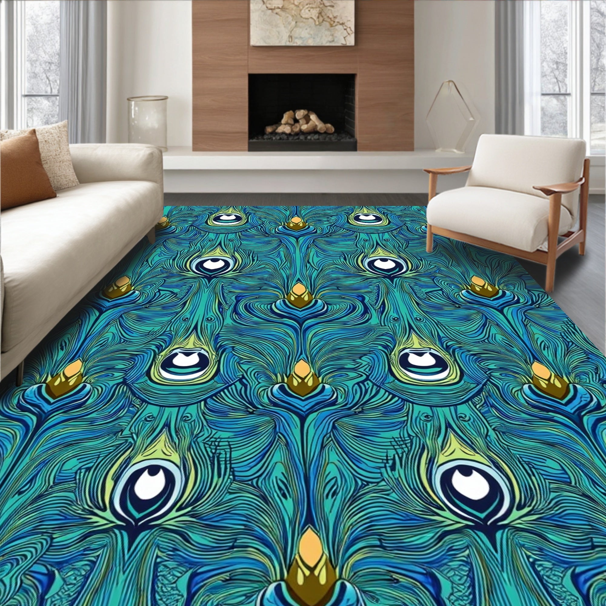 Art Nouveau Teal Peacock Feather Pattern Rug