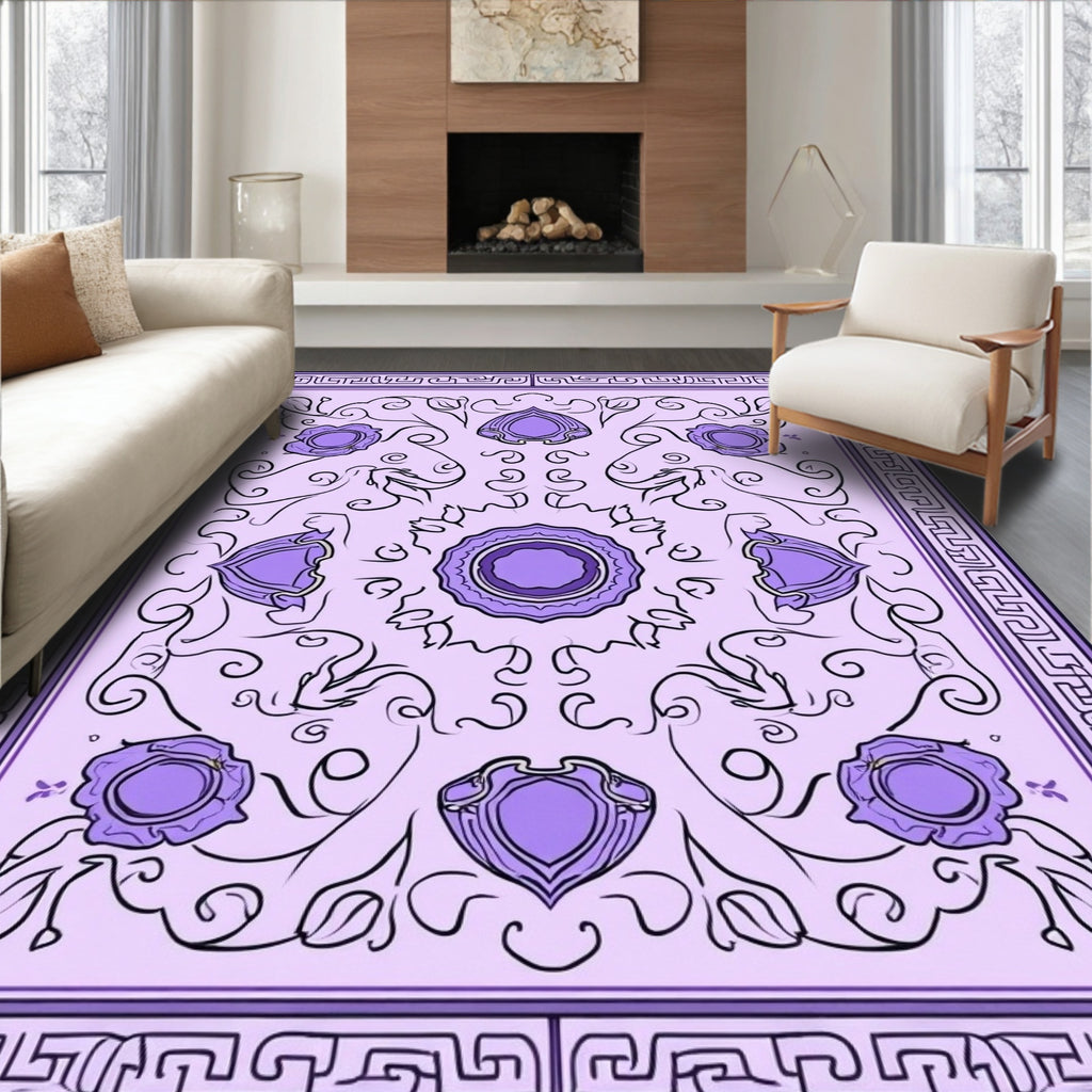 Purple Floral Scrollwork Geometric Border Rug