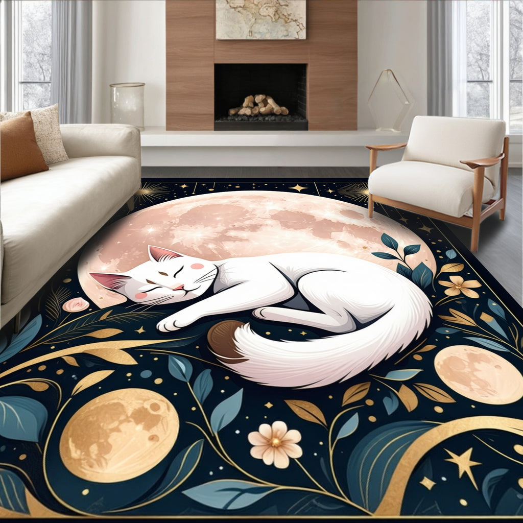 Celestial White Cat Moon Garden Rug