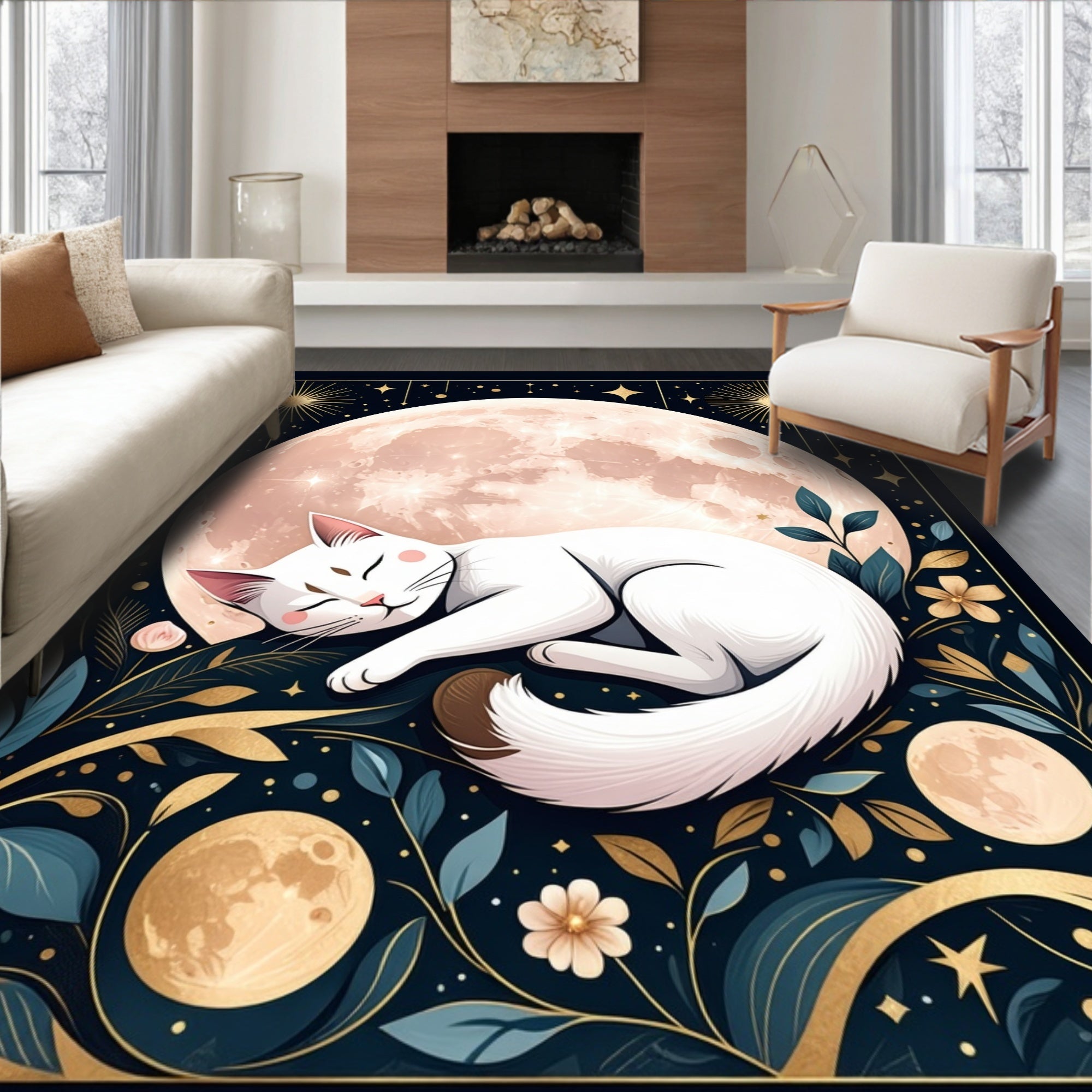 Celestial White Cat Moon Garden Rug