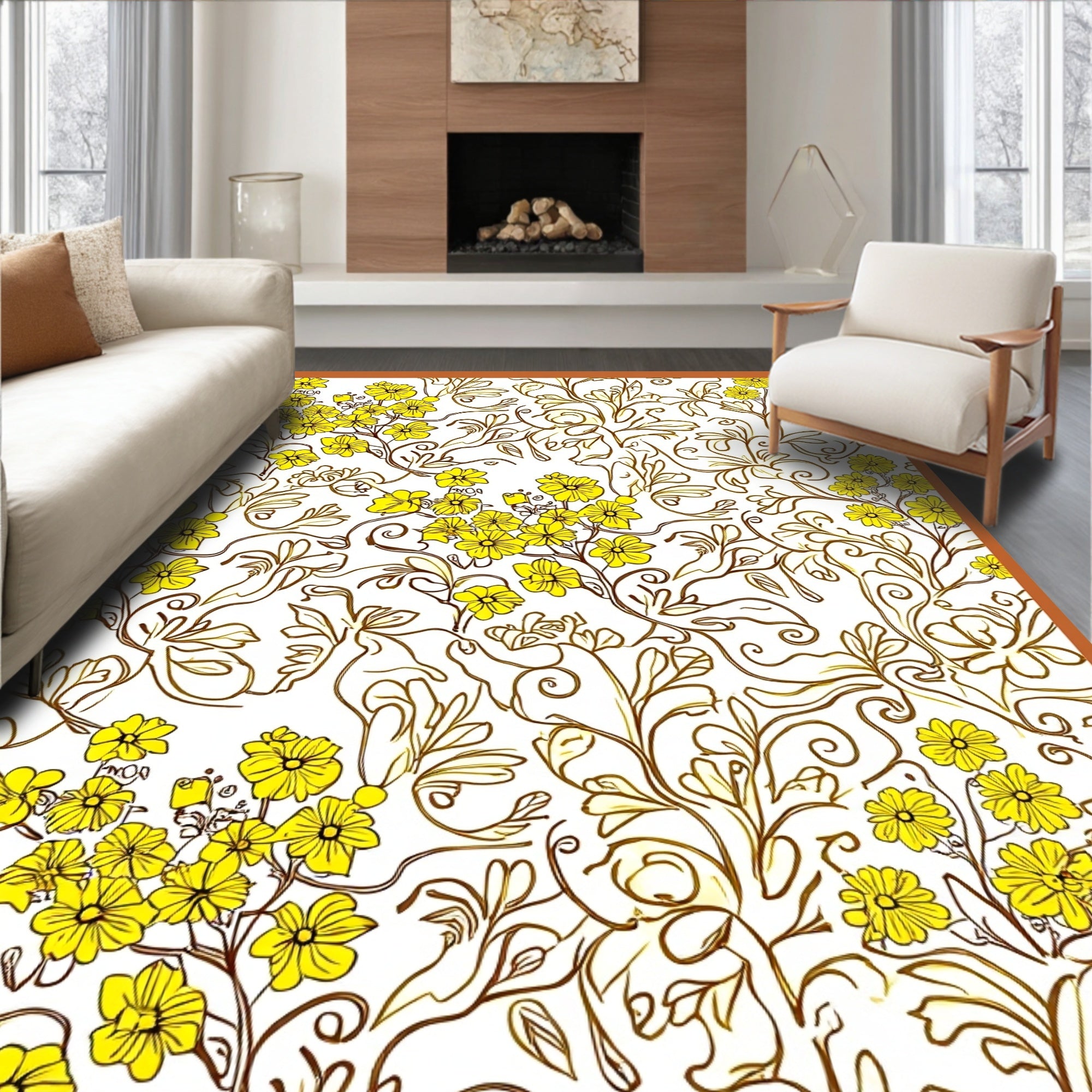 Yellow Floral Swirl Pattern Rug