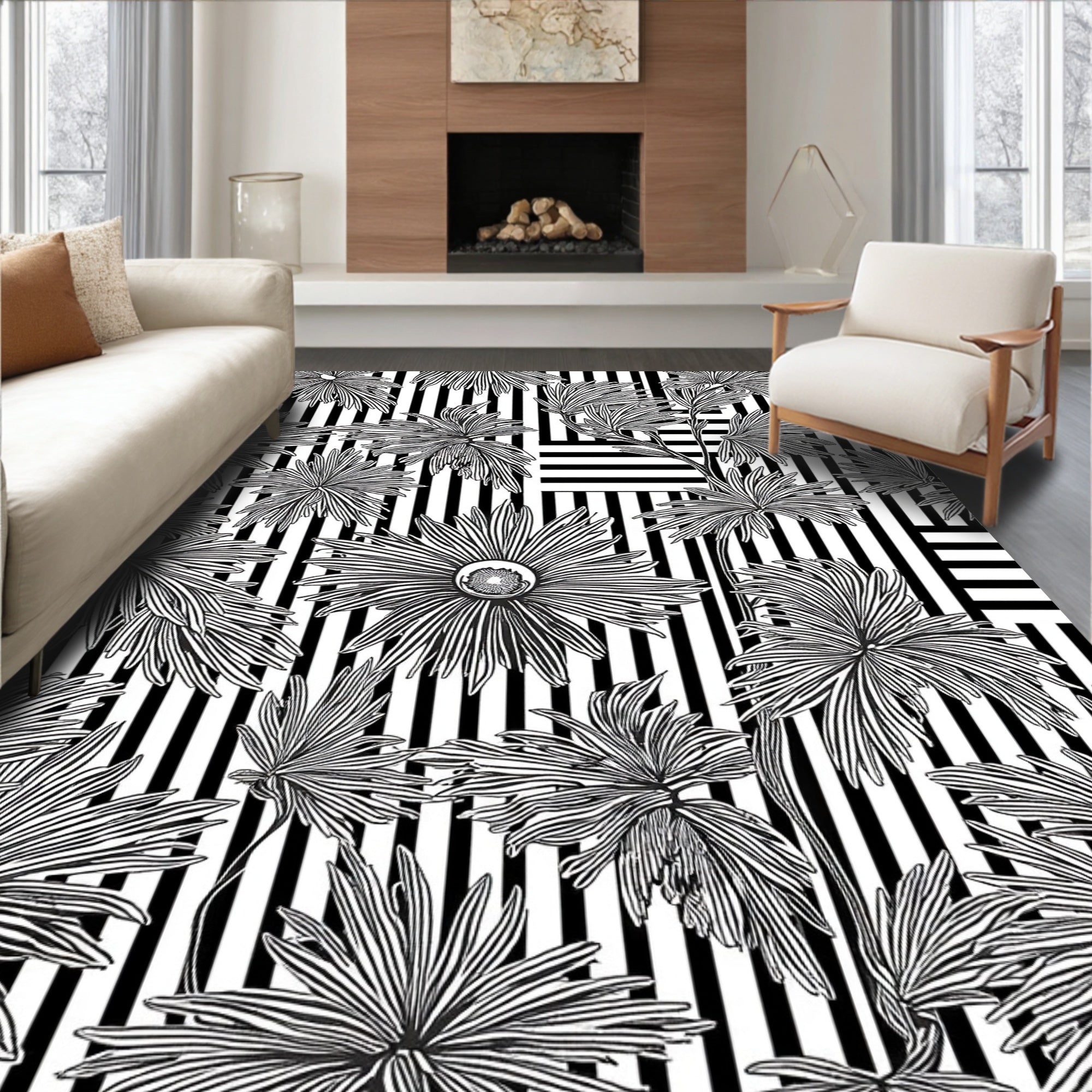 Black White Floral Stripes Pattern Rug