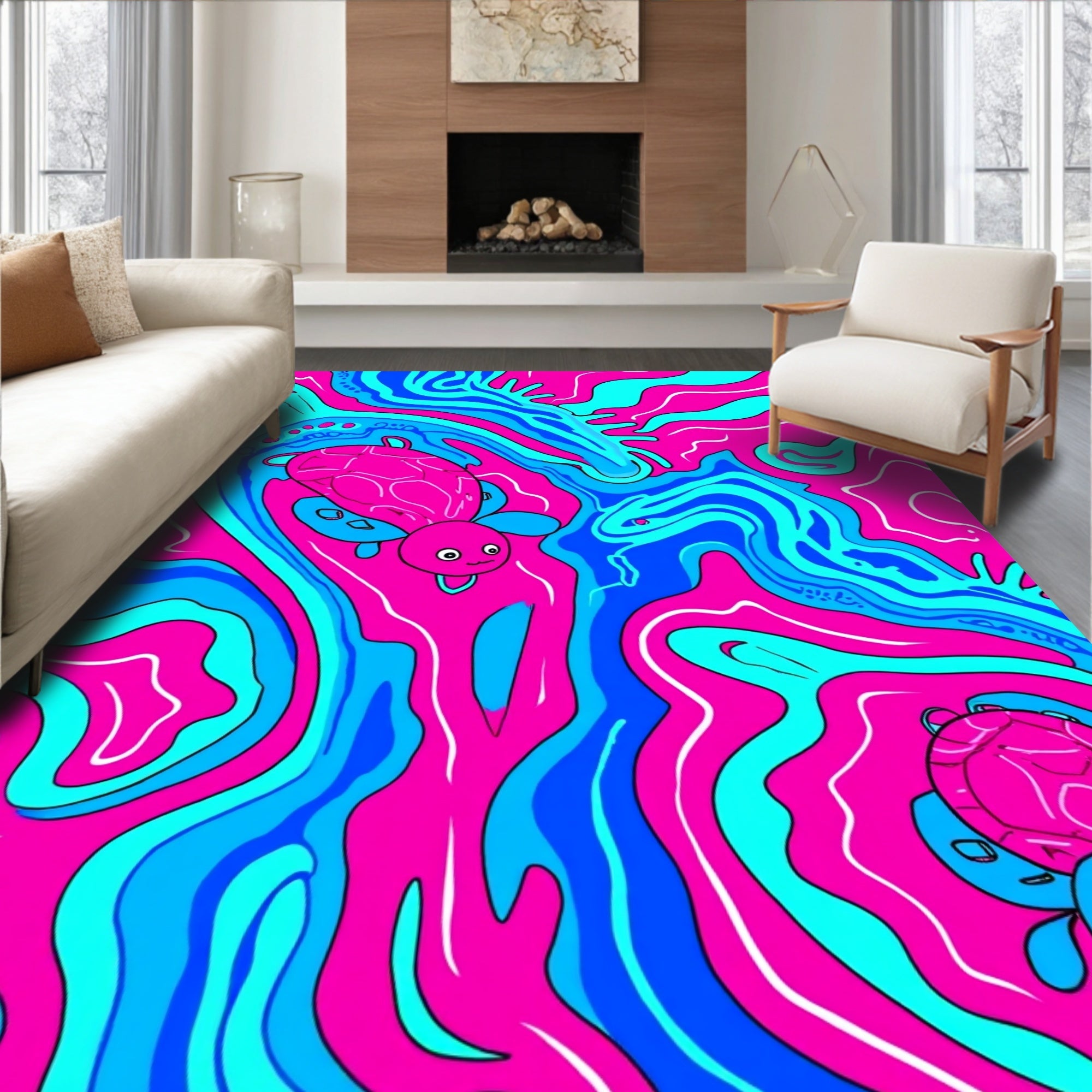 Whimsical Pink Blue Turtle Swirl Rug