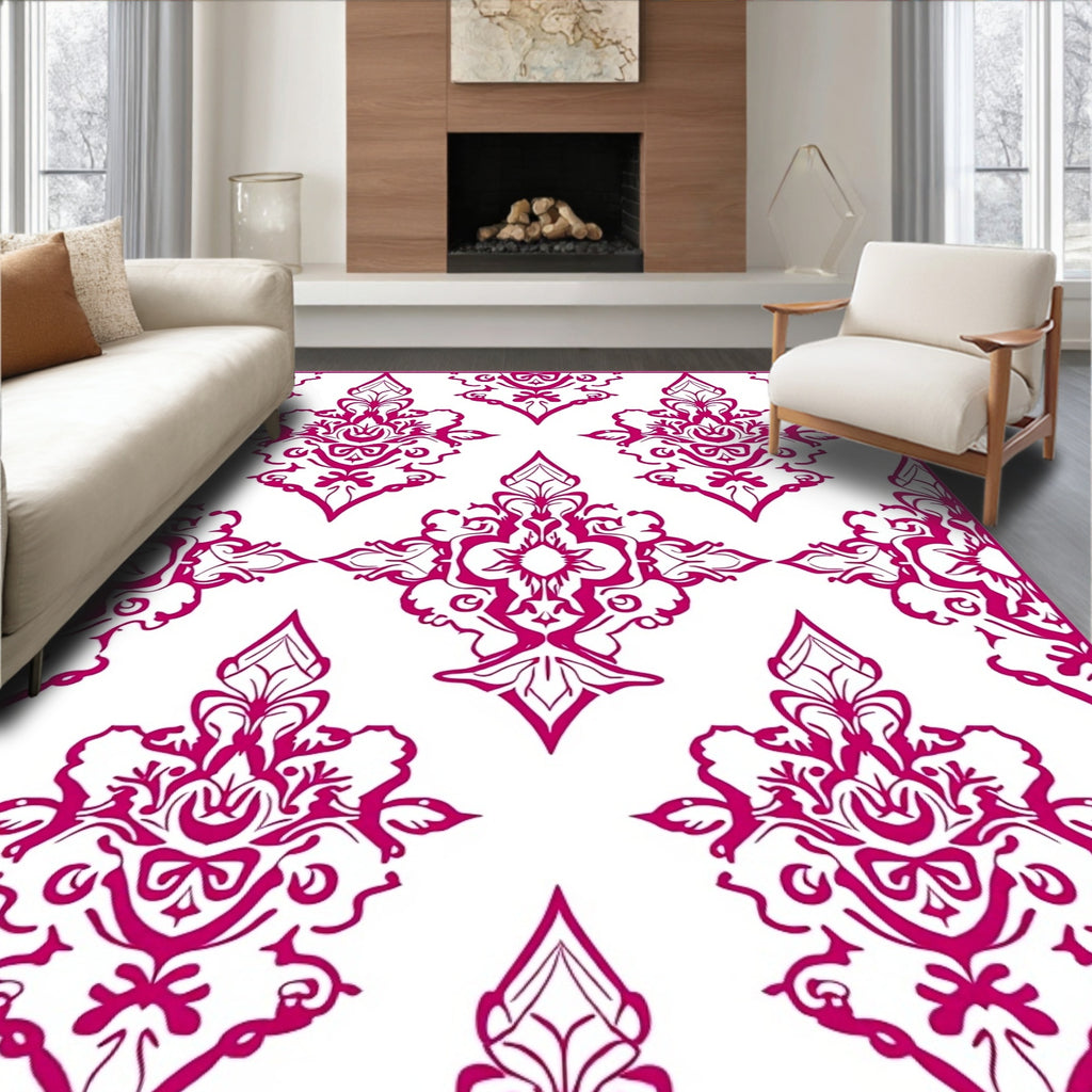 Elegant Magenta Damask Pattern Rug