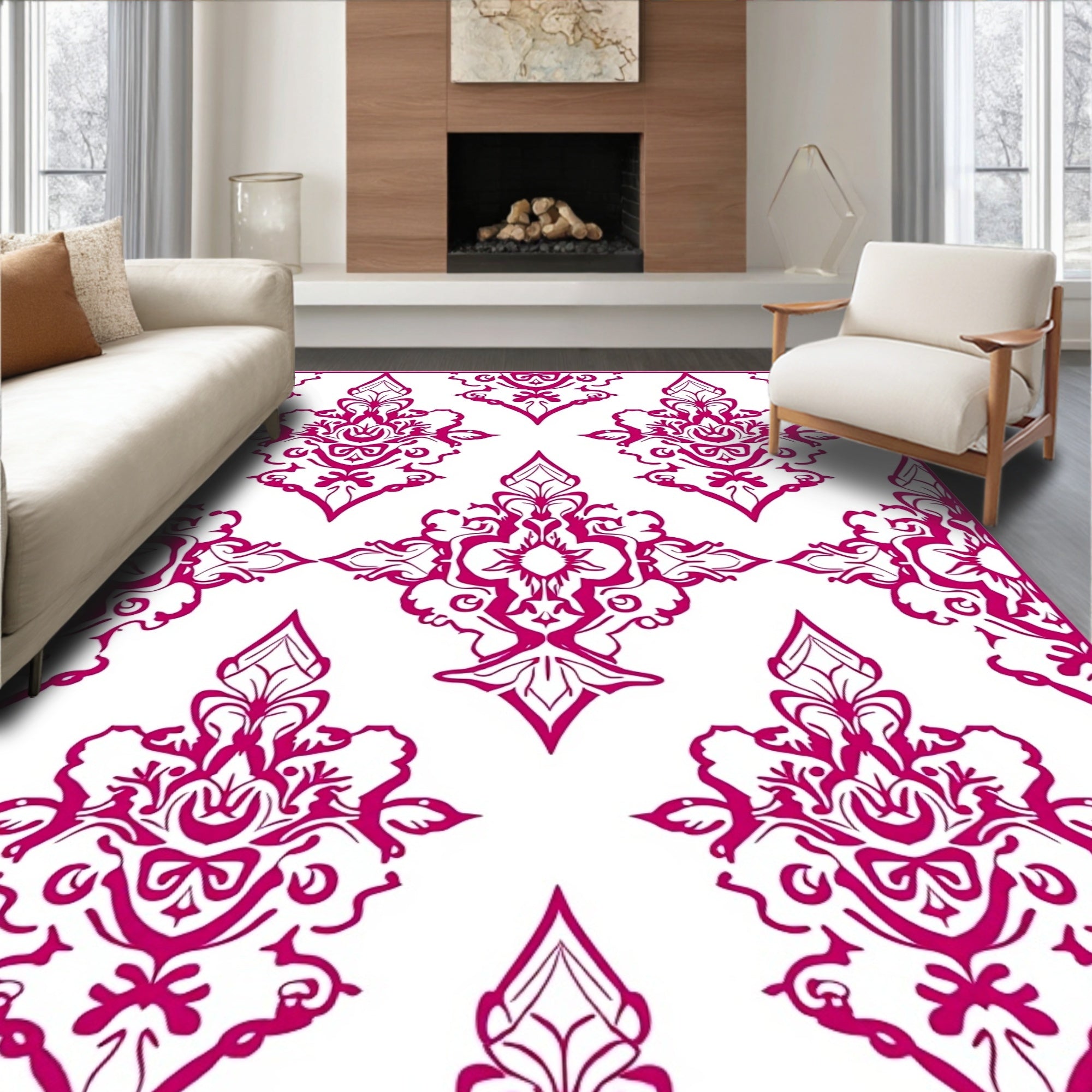 Elegant Magenta Damask Pattern Rug