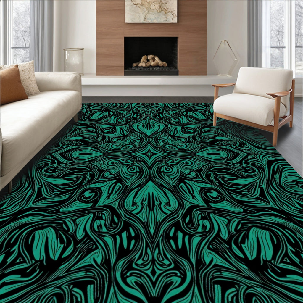 Emerald Black Abstract Swirl Pattern Rug