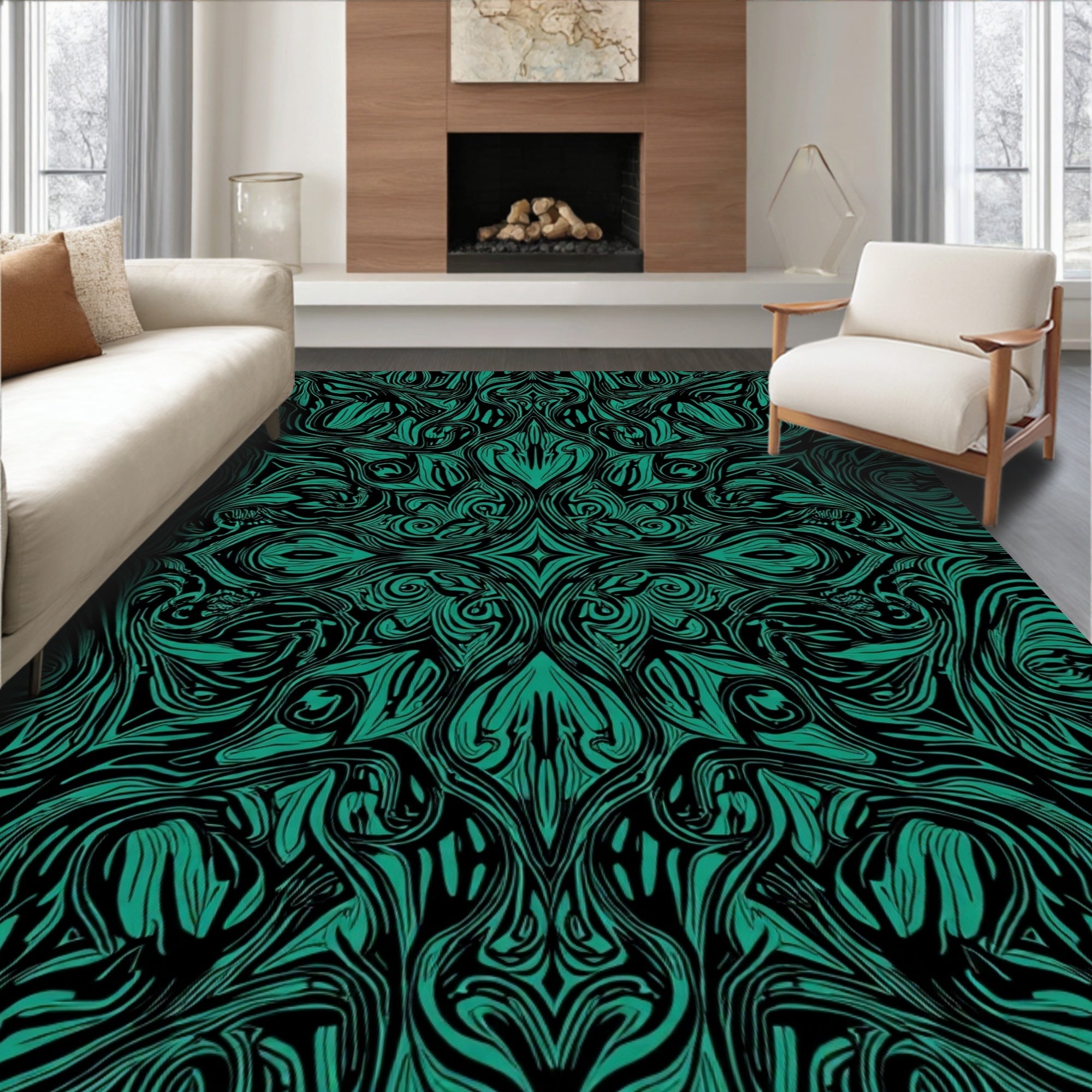 Emerald Black Abstract Swirl Pattern Rug