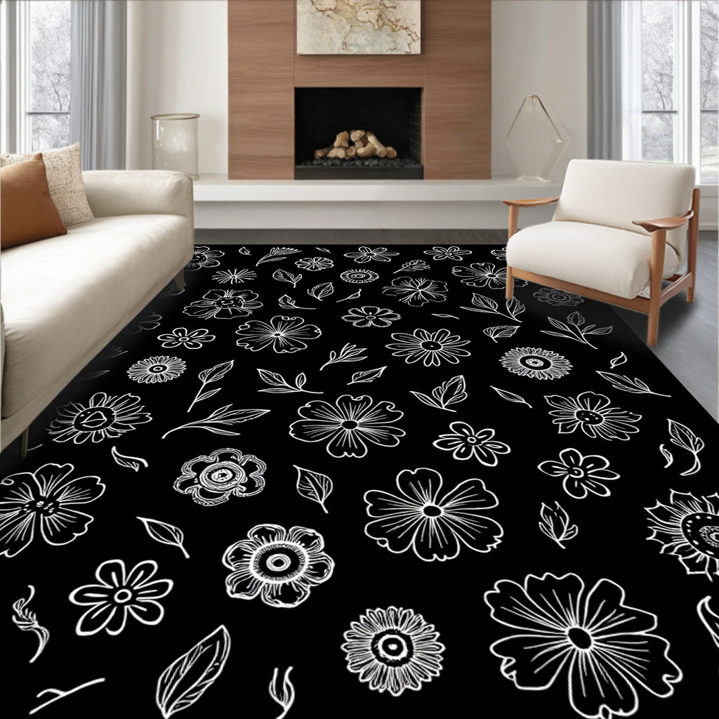Floral Sketch White Daisy Pattern Rug