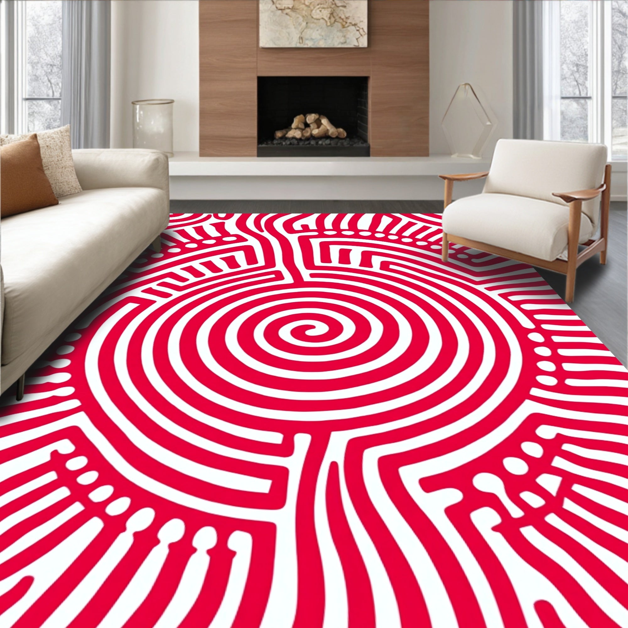 Bold Red Abstract Maze Rug