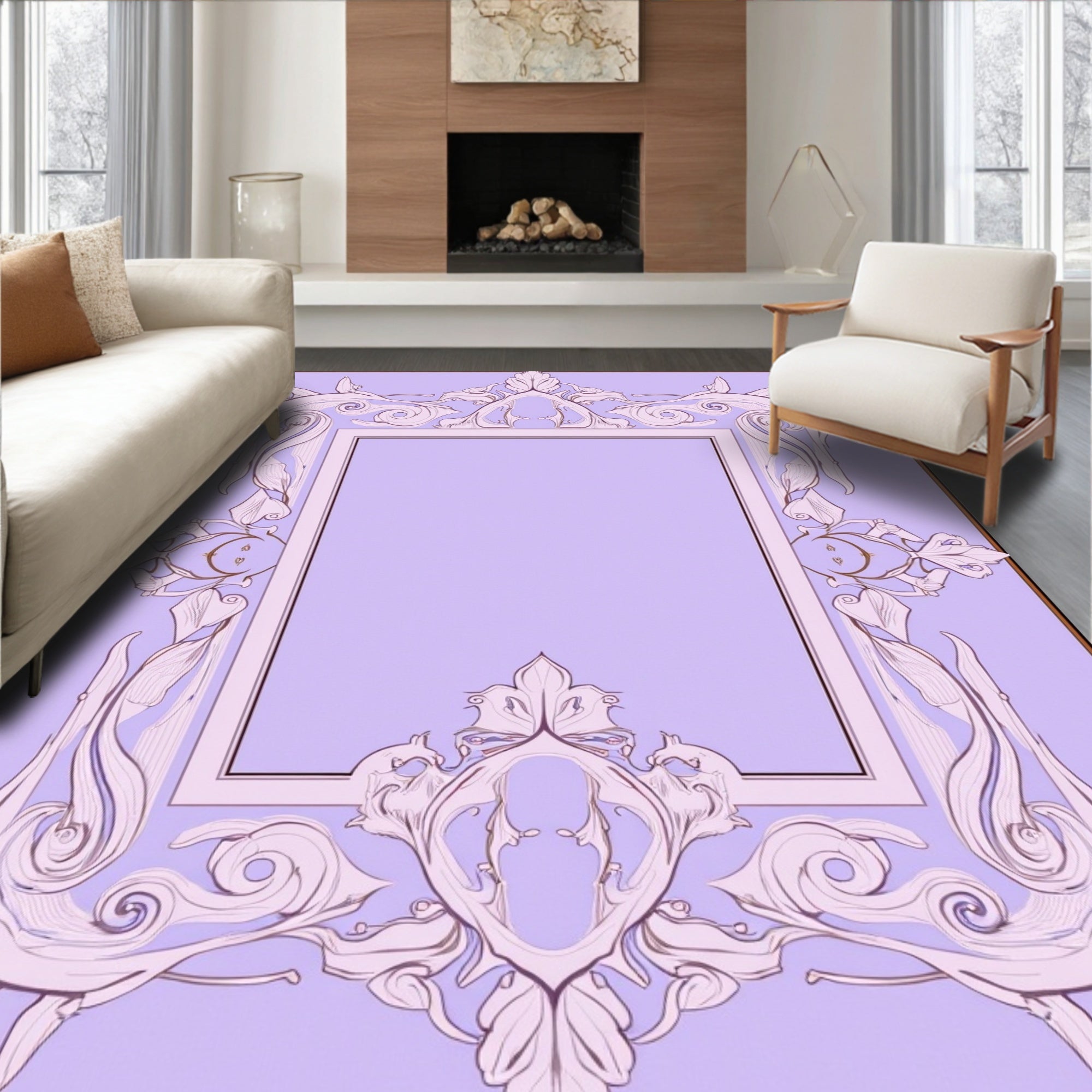 Ornate Floral Scrollwork Lilac Design Rug