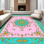 Elegant Pink Teal Golden Floral Rug