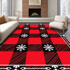Red Black Buffalo Plaid Snowflake Border Rug