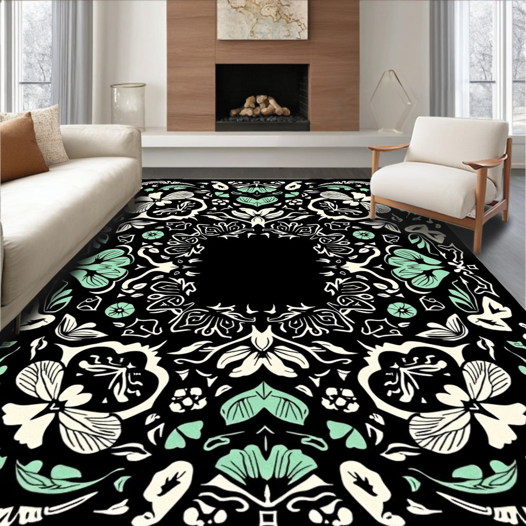 Black Floral Mandala Motif Rug