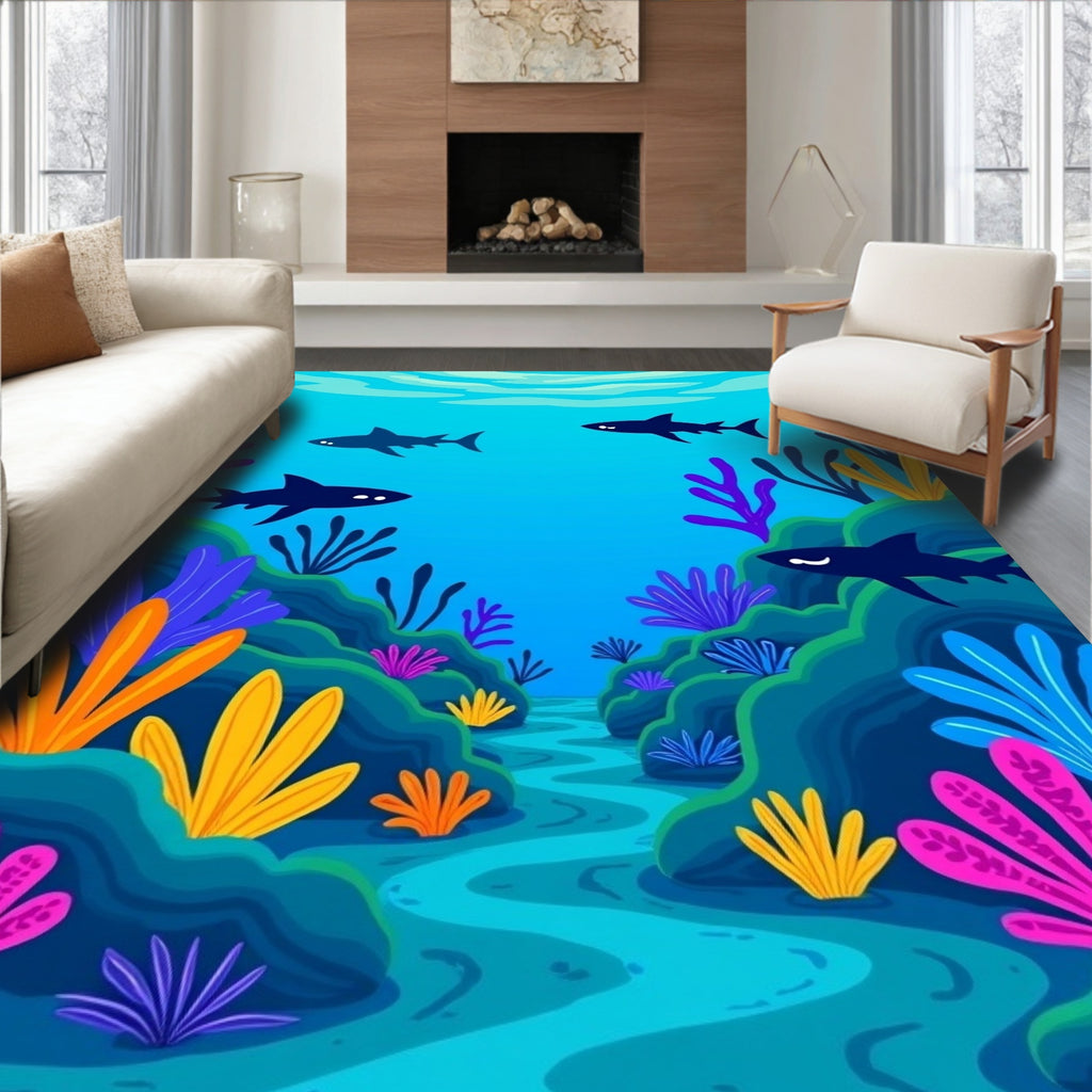 Colorful Underwater Shark Reef Pattern Rug