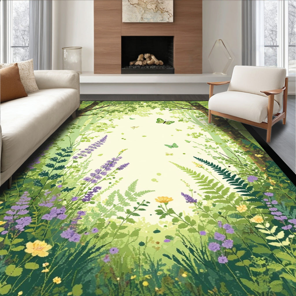 Whimsical Forest Butterflies Wildflowers Rug